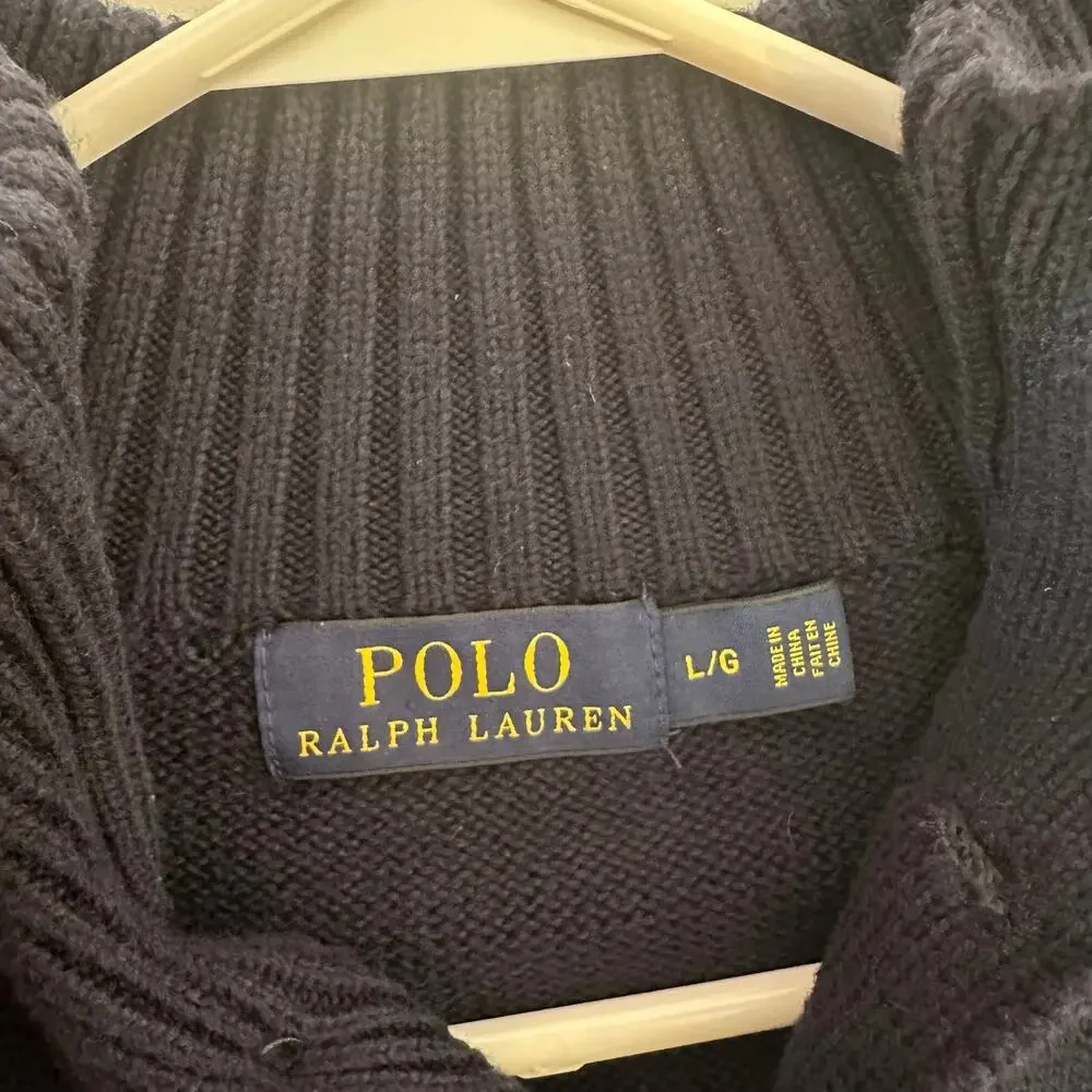 Polo Ralph Lauren Button Up Collar Knit Sweater Size L Navy Blue 100% Cotton - Picture 5 of 7
